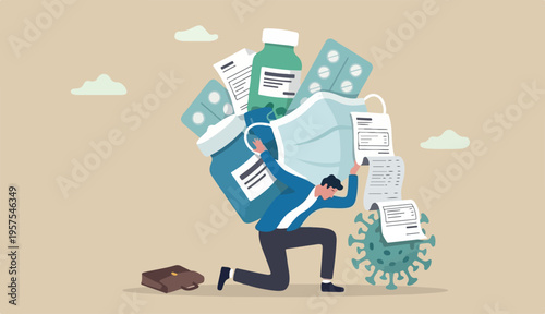Medical debt, health care and treatment cost from Covid-19 disease, hospital expense drug medicine bills concept, broke bankrupt man carrying giant medicine into debt burden after cure from COVID-19.