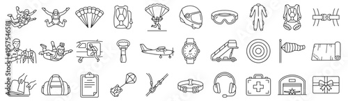 Skydiving center line icon set. Parachute canopy, tandem jump, altimeter watch, helmet goggles, harness container, airplane exit, windsock outline vector illustrations. Signs for aerial sport.