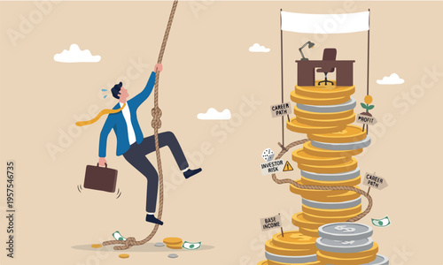 Financial or savings to reach financial independence concept, businessman trying hard climbing rope to reach top of money coins stack.