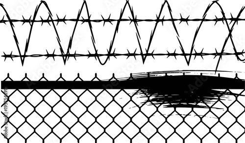 Black barbed wire fence and chain link fence white background