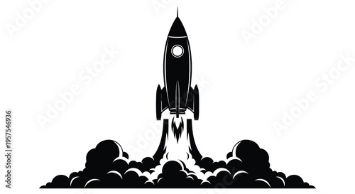 A dynamic depiction of a rocket launching with fiery exhaust plumes presented as a striking silhouette high quality professional detailed modern