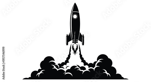 A black rocket launches upwards with fiery exhaust plumes against a white backdrop a striking silhouette high quality professional detailed modern