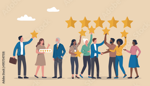 Customer loyalty, consumer satisfaction giving 5 stars rating feedback, best user to experience trust use service again concept, various customer or people giving 5 stars review for quality service