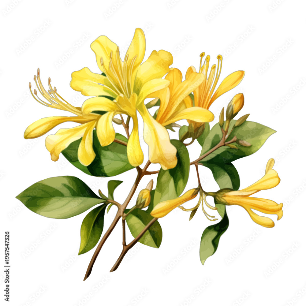 Fototapeta premium Watercolor yellow azalea flower on stem with green leaves isolated