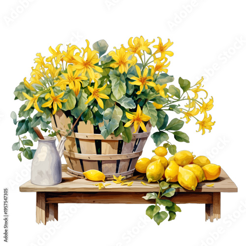 Watercolor yellow jasmine basket with lemons on wooden table