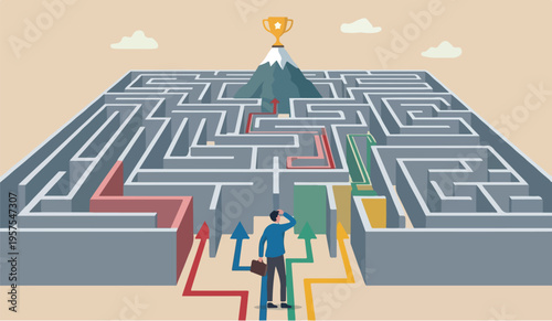 Path improvement development chart assessment project businessman finding the way in labyrinth to reach target