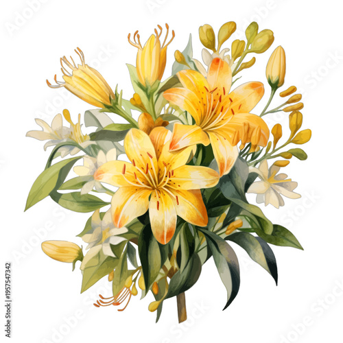 Watercolor yellow lily and white jasmine flower bouquet bouquet