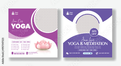 Yoga Meditation Social Media Post and Square Flyer Template Set for Wellness, Relaxation, Mindfulness, Fitness, Spa, Beauty, Salon Branding, Advertising Promo, Instagram Marketing
