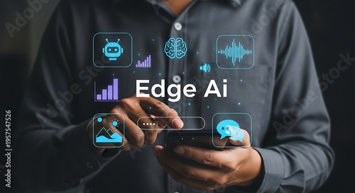 Man holding smartphone with Edge Ai floating above screen artificial intelligence mobile phone