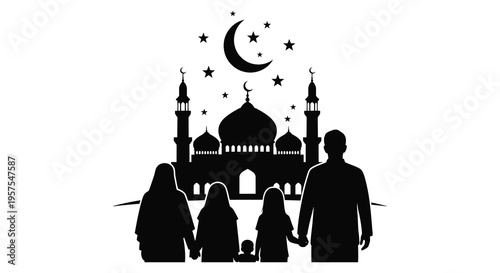 A black silhouette depicts a family admiring a mosque under a crescent moon and starry night sky silhouette high quality professional
