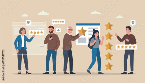 Customer loyalty, satisfaction giving 5 stars rating feedback, best user experience trust service again concept, various customer or people giving 5 stars review for quality service.