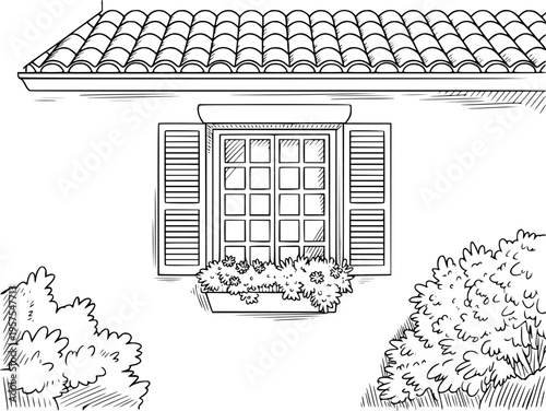 Hand drawn of a house window with shutters and flower box under tiled roof
