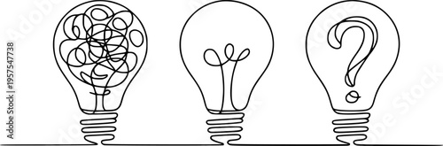 Light bulbs in a continuous line depicting confusion clarity and a question mark