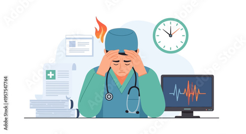 Healthcare Professional Burnout: Stressed Doctor Overwhelmed by Workload, Long Hours & Mental Pressure