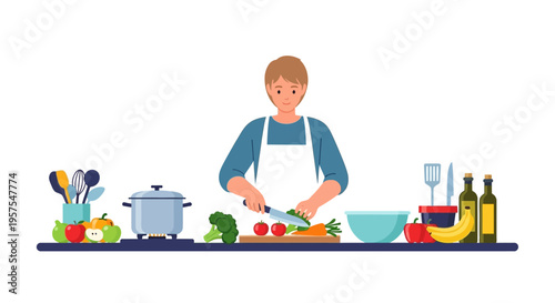 Person Cooking Healthy Meal. Flat Vector Illustration of Someone Chopping Fresh Vegetables for Food Preparation in a Home Kitchen.