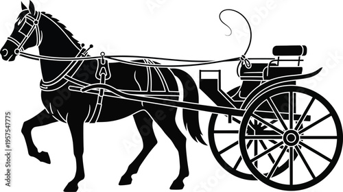 Black silhouette vector illustration of a horse pulling a two-wheeled racing sulky or cart, side view