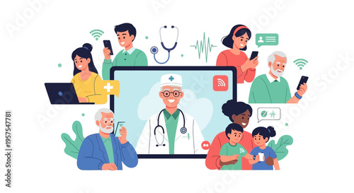 Telemedicine & Online Doctor Consultation. Diverse Patients, Family, and Seniors Access Remote Medical Care via Digital Devices.