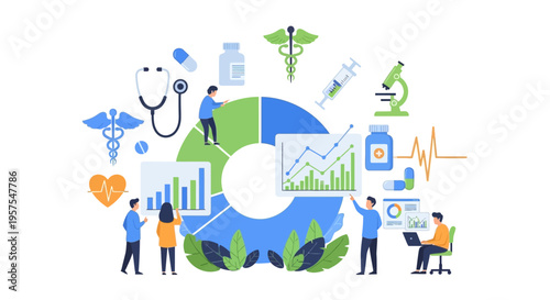Healthcare Data Analytics & Medical Research Concept. Digital Health Management, Patient Information & Statistics Visualization with Medical Symbols.