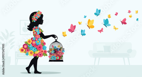 Silhouette of a girl releasing colorful butterflies from a cage, with a dress made of flowers, vector illustration