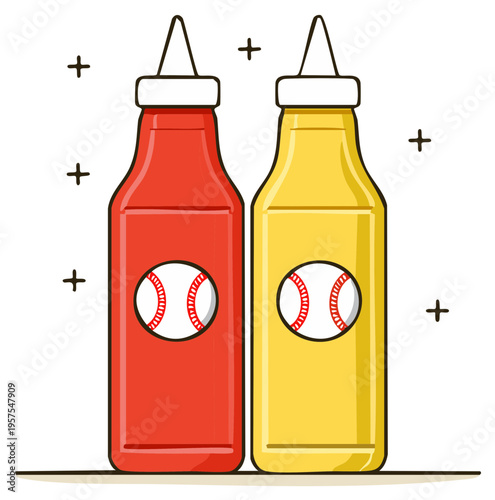Vibrant cartoon illustration of red ketchup and yellow mustard squeeze bottles with baseball icons for summer picnic fun