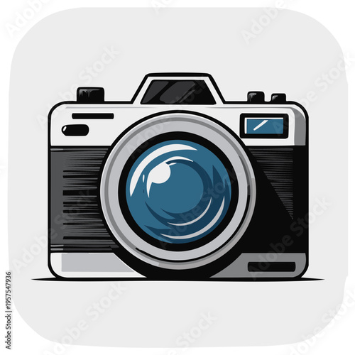 Stylized retro camera with large lens and clear lines against a neutral background