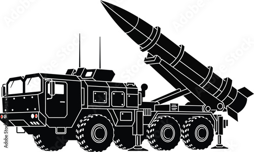 Black and white vector illustration of a military missile launcher truck, a powerful weapon system
