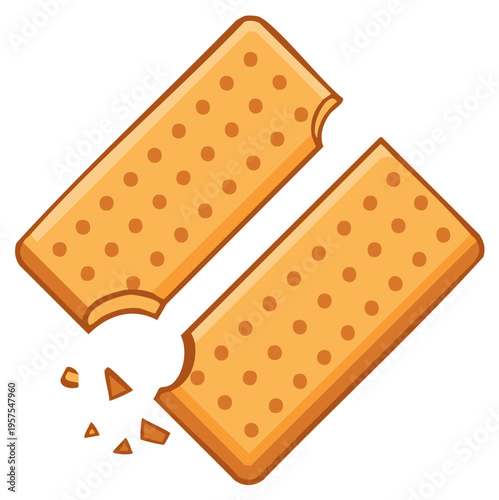 Crunchy Biscuit Broken in Half Showing Crumbs Cartoon Style Illustration