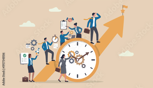 Time management, effort or efficiency boost, productivity to finish project, teamwork or planning, multitasking finish work within deadline concept, business people riding clock up rising arrow.