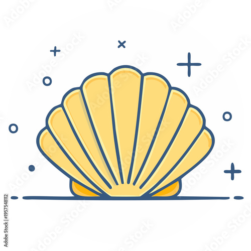 Stylized yellow scallop shell with blue outline and small decorative elements