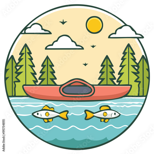Kayak on a lake with fish, vector graphic illustration of idyllic summer scenery