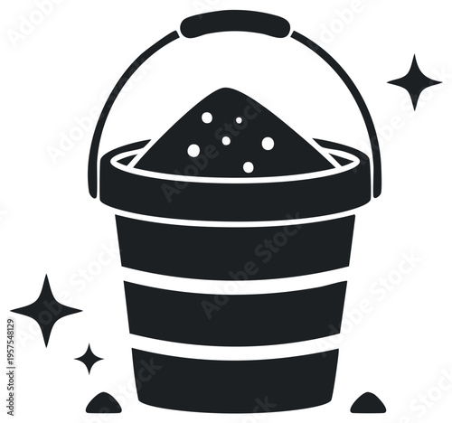 Black and White Vector Icon Depicting a Sand Bucket with Handle and Scattered Stars in a Playful Design