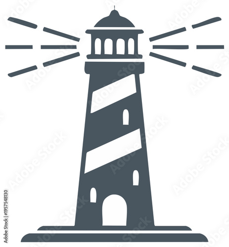 Stylized vector lighthouse icon featuring beam rays and the classic tapered striped design