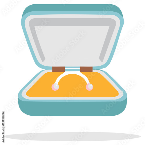 Open jewelry box with a delicate white ring and two pink pearls on a golden cushion