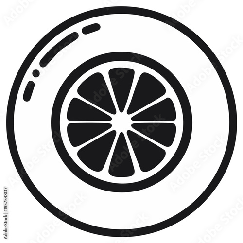 Creative line art icon of a car wheel with a citrus slice rim