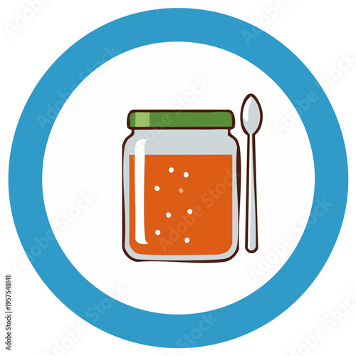 Glass jar filled with orange jam and a spoon, illustrated icon within a blue circle