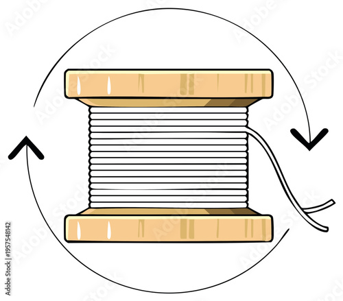 Sewing thread spool with rotation arrow, fiber unwind motion illustration