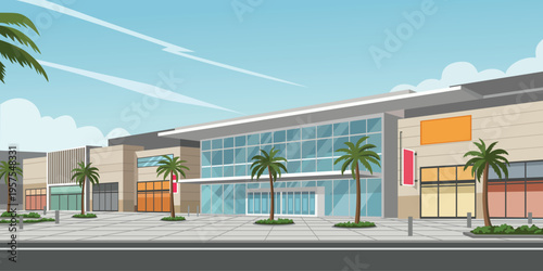 Modern Shopping Mall Exterior Illustration. Green city. Urban mall. Office park building. Business district. Mall landscape.