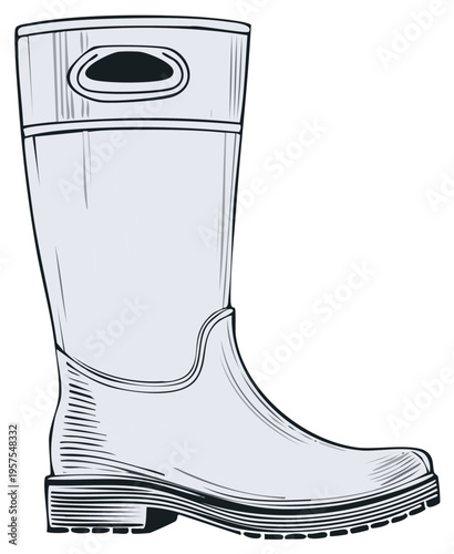 Rubber rain boot vector illustration in an engraved line art style. Classic waterproof gardening footwear graphic.