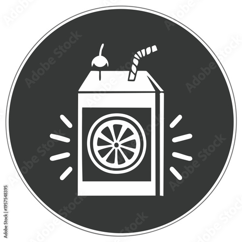 Graphic illustration of juice box with flexible straw in a black circle with fruit sign.