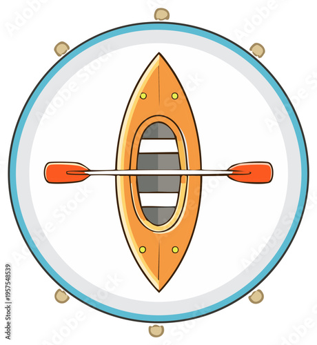 Cartoon kayak and paddle design in a circle shape.
