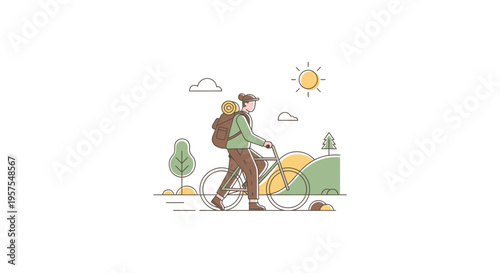 Cyclist with backpack riding bicycle through scenic landscape with sun and clouds