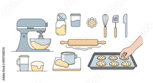 Baking Supplies and Ingredients Collection: Mixer, Rolling Pin, Cookies, Utensils, Coffee