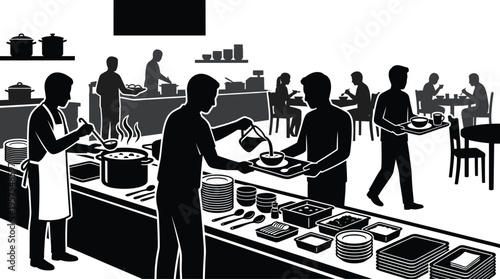 Restaurant Buffet Serving Scene Silhouette with Chef Preparing Food Guests Dining and Catering Setup Hospitality Service Concept Illustration