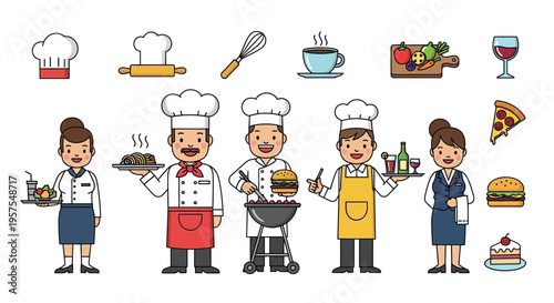 Diverse Chefs and Waitstaff in Uniform, Cooking and Serving Food and Drinks