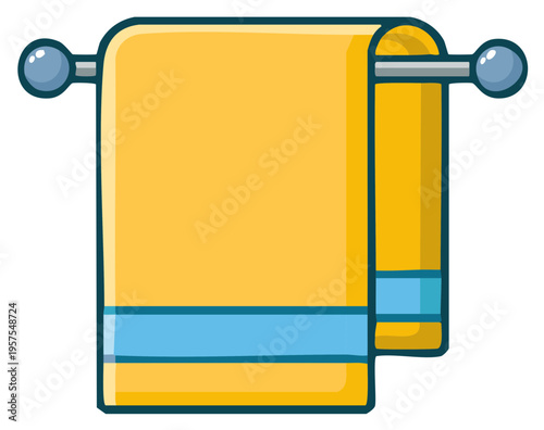 Cartoon towel on a towel bar. Yellow and blue illustration for hygiene and cleanliness.