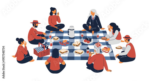 Diverse group enjoying a summer picnic on a checkered blanket, sharing food and drinks outdoors.