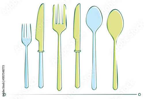 Minimalist green and blue cutlery illustration set with forks knives and spoons