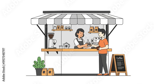 Barista serving coffee to customer at outdoor kiosk, illustration