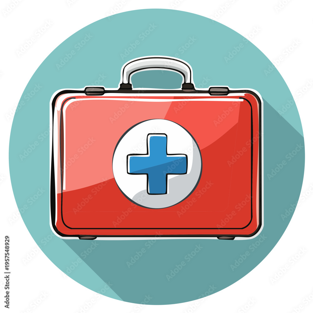 Fototapeta premium Red First Aid Kit with Blue Cross on Turquoise Background