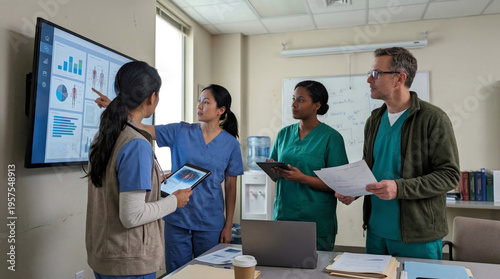 Medical professionals reviewing patient clinical data on digital screen in hospital conference room. Diverse doctors and nurse examining health statistics. Collaborative medicine research concept.